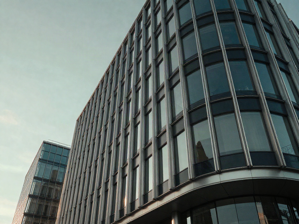 An upward perspective on the sculptural glass facade of a modern corporate building