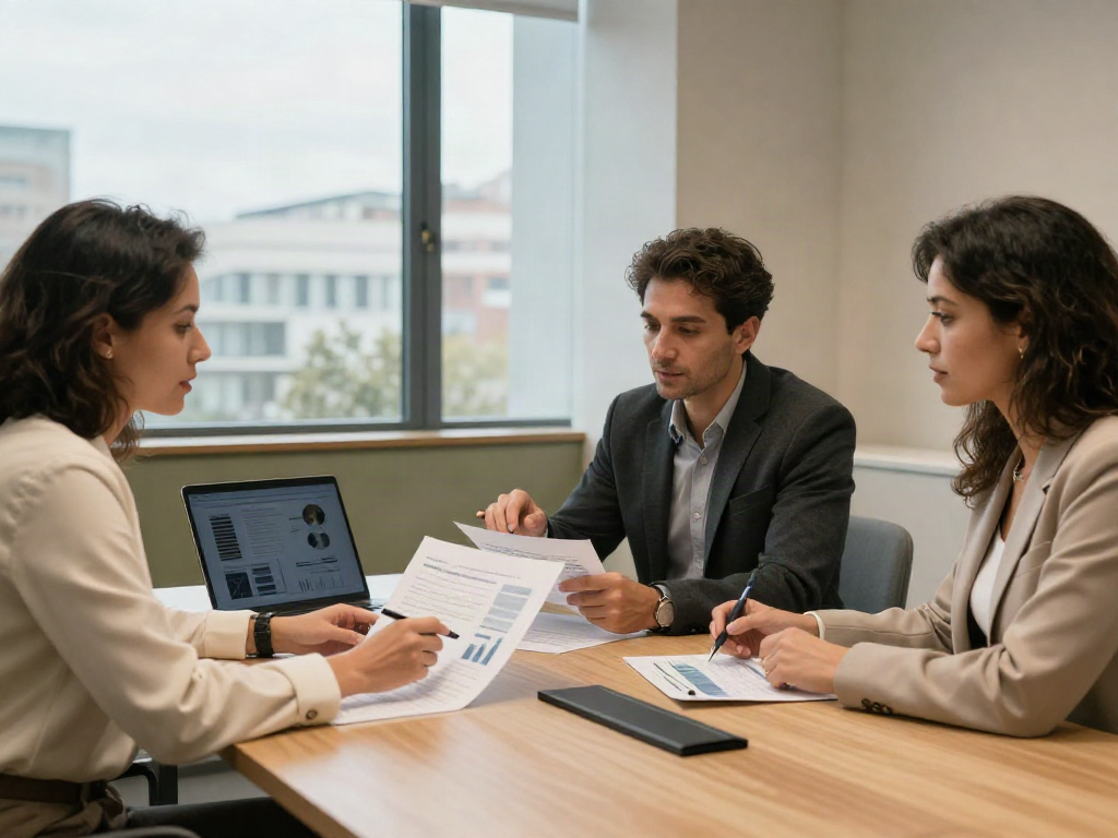 Consultants collaborating around a table to review business charts and strategic priorities